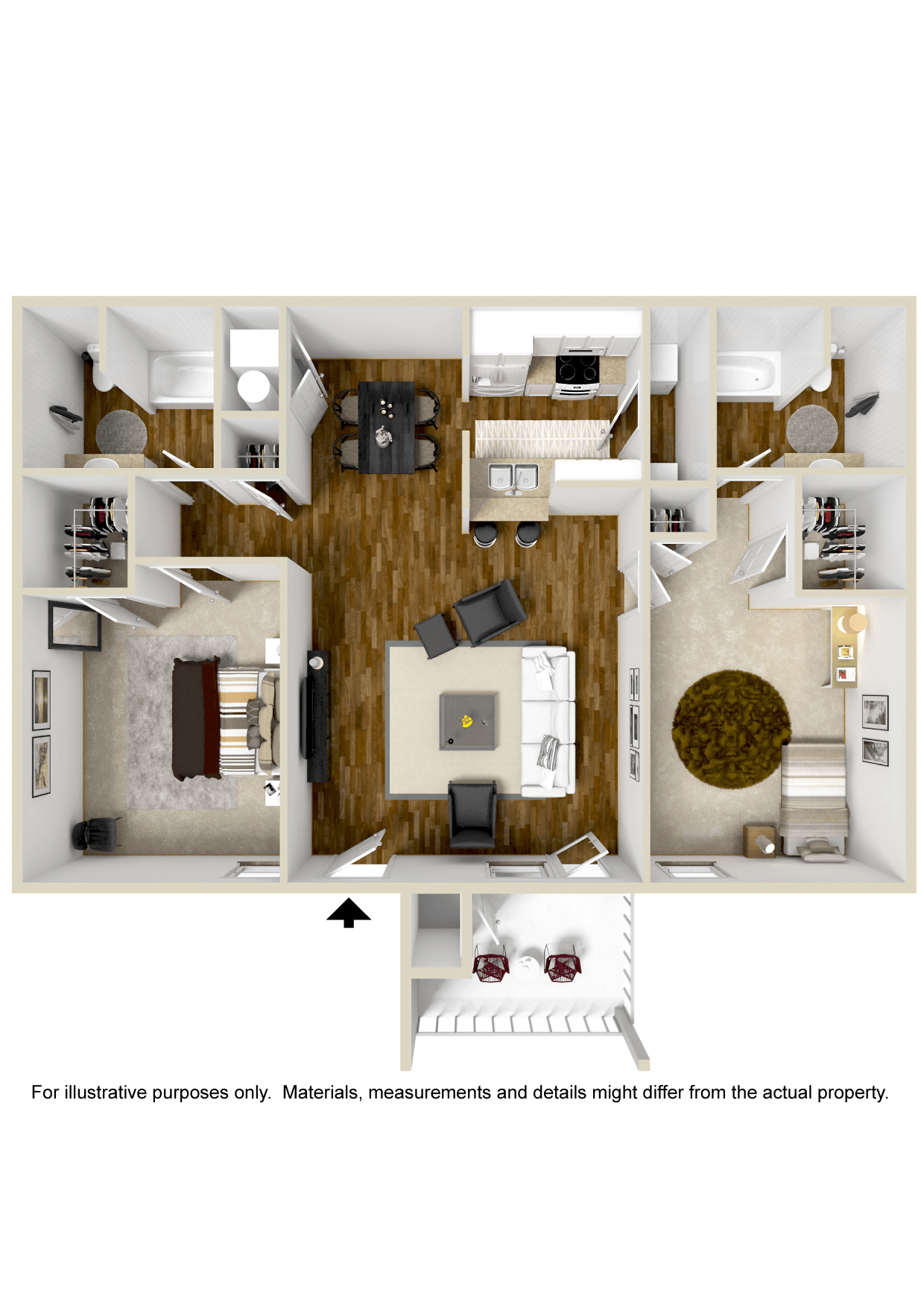 Floor plan for 2 beds, 2 baths, 1125 sqft